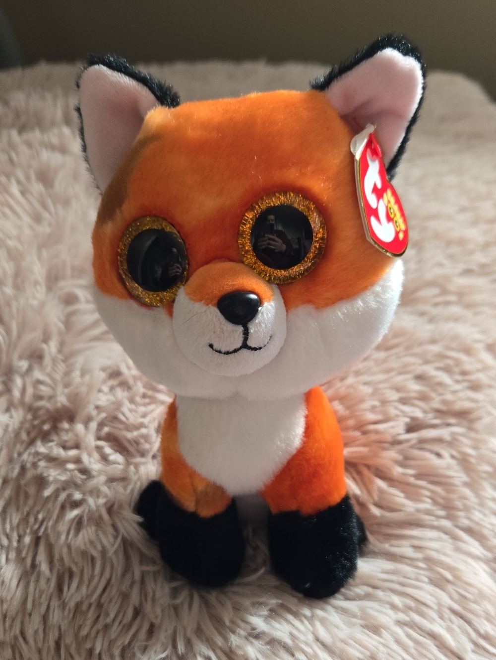 Ty Beanie Boo Plush Fox with Orange, White & Black Fur and Gold Glitter Eyes